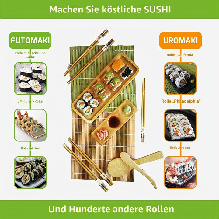 Sushi Maker Kit 11-teilig - Bambus Sushi Set Rollmatte und Servierset für Anfänger - 2 Matten, 5 Paa