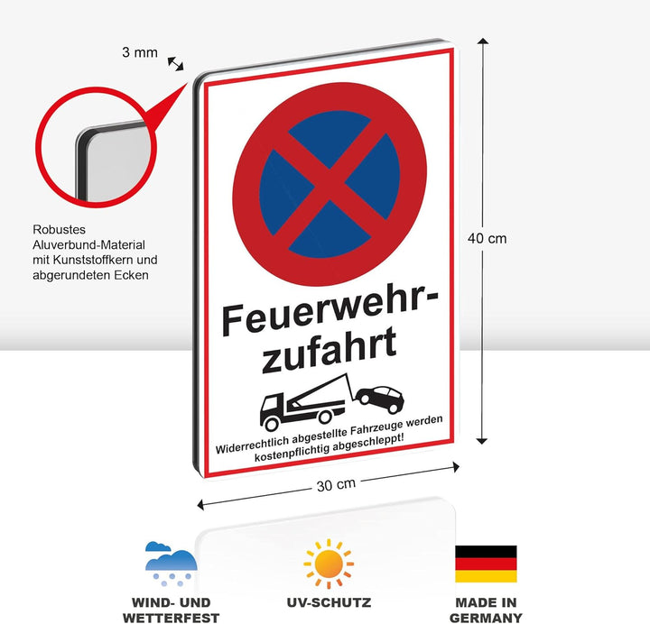 3 Stück XXL Feuerwehrzufahrt freihalten Schild 30 x 40 cm Alu 3mm Alu-Dibond stabile Aluminiumverbun