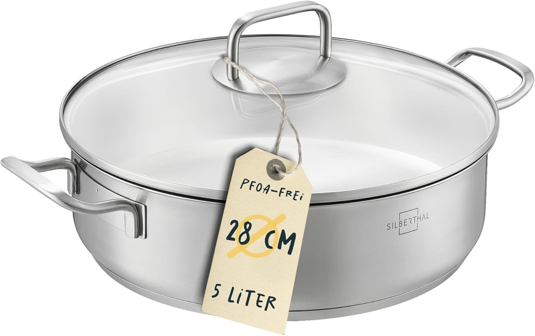 SILBERTHAL Schmorpfanne Unbeschichtet 28 cm hoher Rand - Servierpfanne mit Deckel - Backofengeeignet