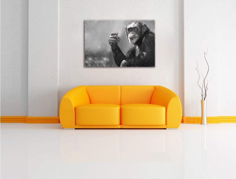 Pixxprint Aufmerksamer Schimpanse Kunst / 100x70cm Leinwandbild bespannt auf Holzrahmen/Wandbild Kun
