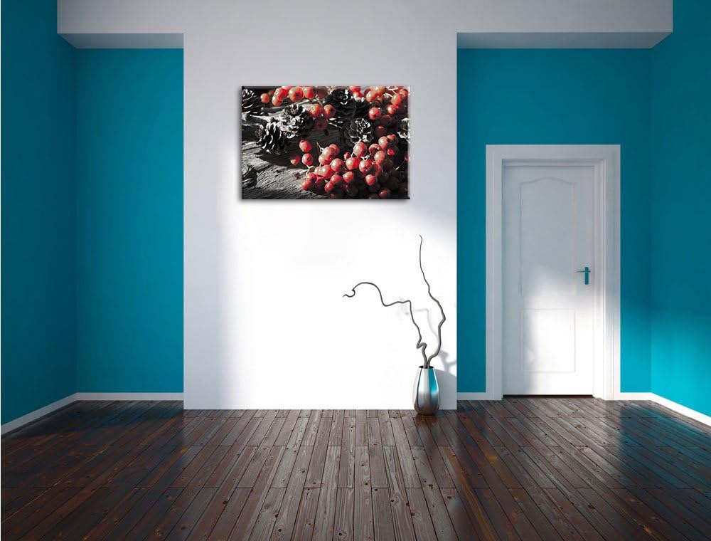 Pixxprint Vogelbeeren und Tannenzapfen als Leinwandbild/Grösse: 100x70 cm/Wandbild/Kunstdruck/fertig