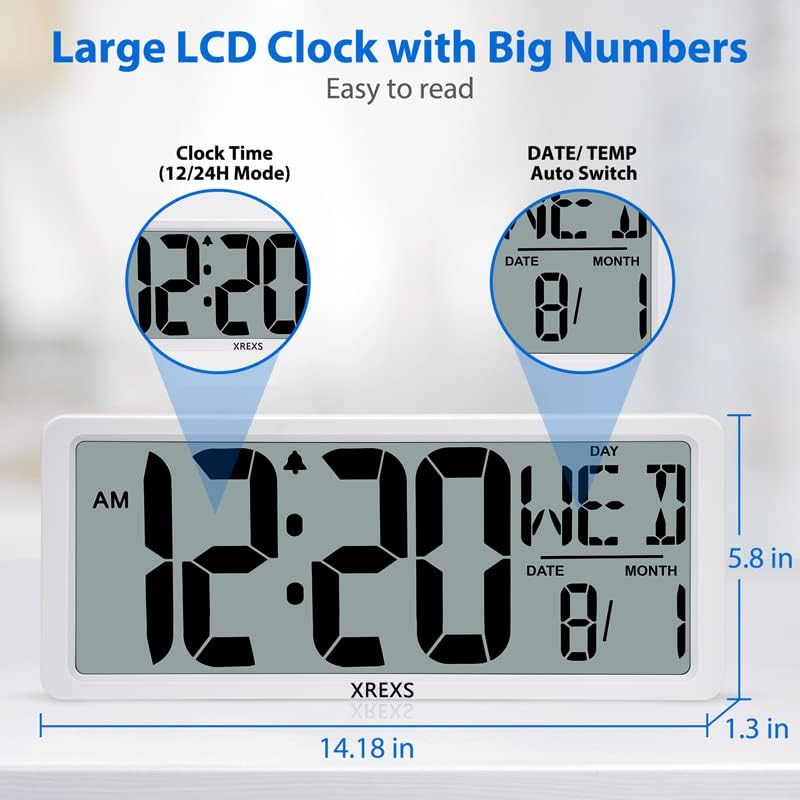 XREXS 13,4'' Digitale Wanduhr, automatische Zeitkalibrierung, batteriebetrieben, HD-Display, mit Kal