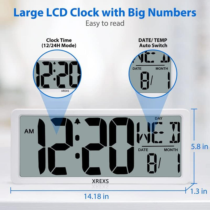 XREXS 13,4'' Digitale Wanduhr, automatische Zeitkalibrierung, batteriebetrieben, HD-Display, mit Kal
