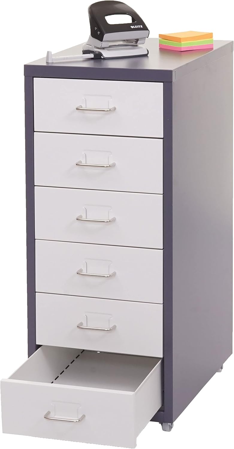PROREGAL Rollcontainer Housten HxBxT 69x28x41cm 6 Schubladen Dunkelgrau Weiss Schubladenschrank Stah