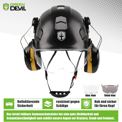 GREEN DEVIL Schutzhelm Arbeitshelm mit klarem Visier und Gehörschutz Ohrenschützer Einstellbarer ABS