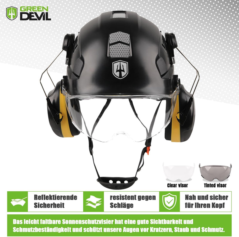 GREEN DEVIL Schutzhelm Arbeitshelm mit klarem Visier und Gehörschutz Ohrenschützer Einstellbarer ABS