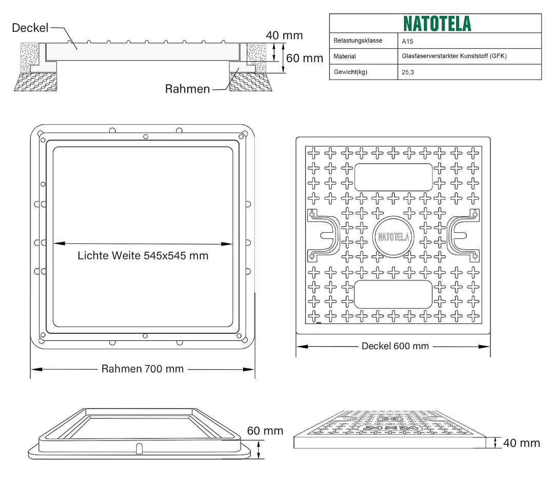 GFK-Schachtabdeckung mit Rahmen: 700x700 mm/Deckel: 600x600 mm/Lichte Weite: 550x550 mm Kanaldeckel