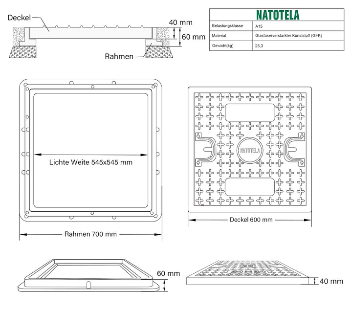 GFK-Schachtabdeckung mit Rahmen: 700x700 mm/Deckel: 600x600 mm/Lichte Weite: 550x550 mm Kanaldeckel