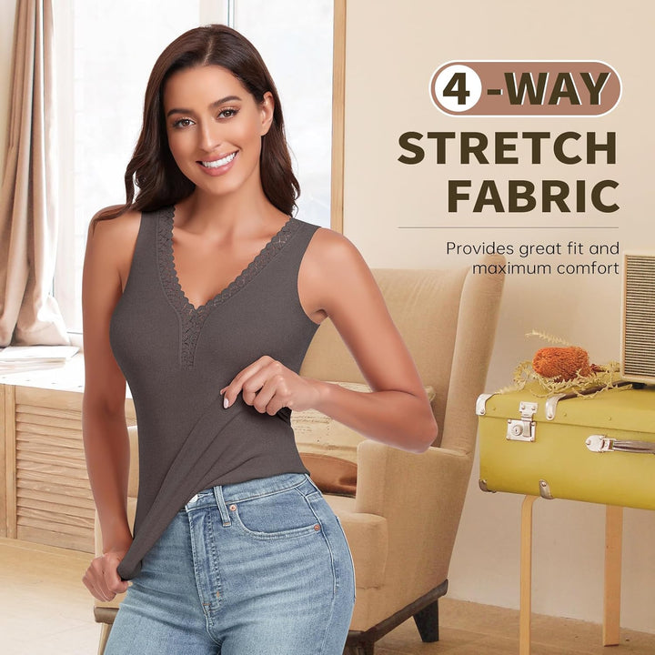 WOWENY Thermo Trägershirt Damen Fleece Tank Top mit Spitze Ärmellose Elegant Spitzentop Unterhemd V-