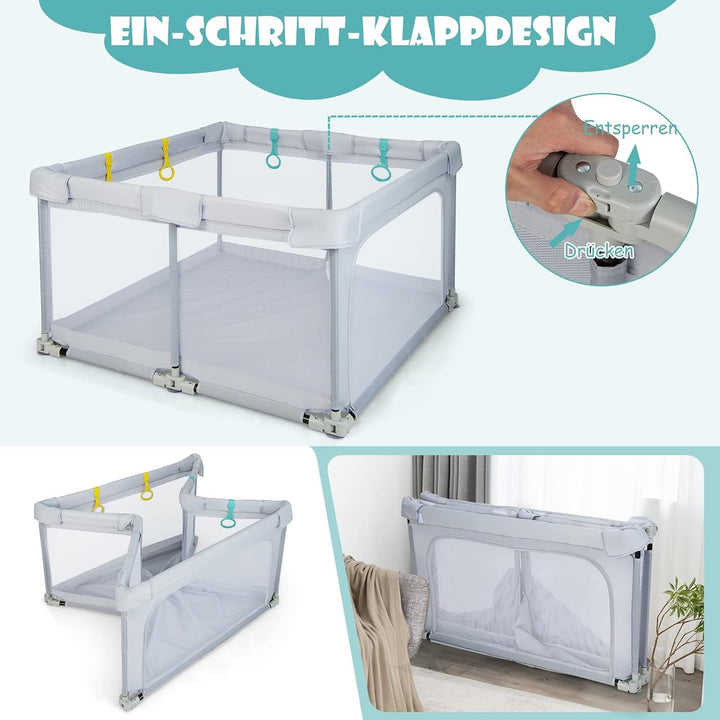 DREAMADE Laufstall Baby, 126 x 126 cm Laufgitter Klappbar mit 50 Spielbällen & 4 Zugringen, Schutzgi