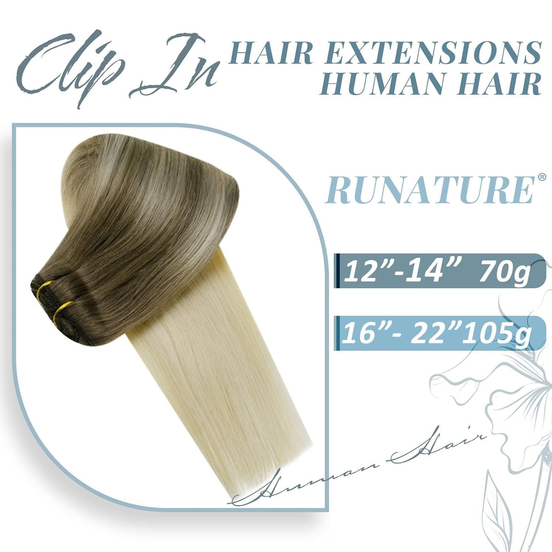 RUNATURE Echthaar Extensions Clip Balayage Braun Blond Clip in Extensions Echthaar 40cm Glatt Haarve