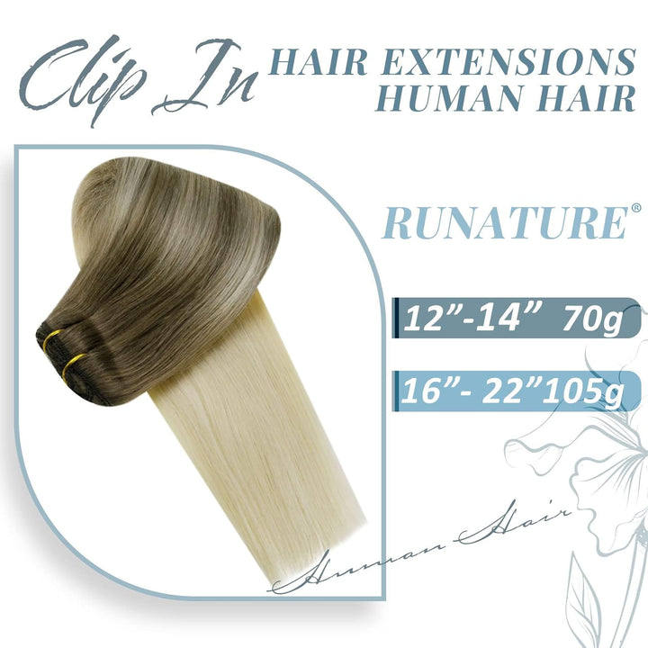 RUNATURE Echthaar Extensions Clip Balayage Braun Blond Clip in Extensions Echthaar 40cm Glatt Haarve