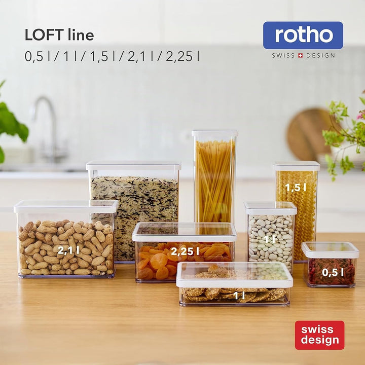Rotho LOFT 12er-set Vorratsdosen mit Deckel, stapelbar, aromadicht, spülmaschinenfest, 40×20×21,4 cm