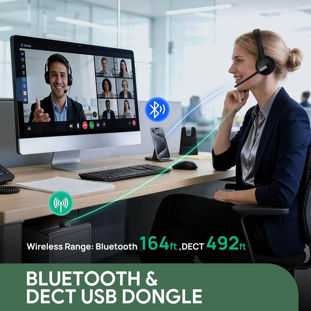 Yealink WH64 Hybrid DECT & Bluetooth Wireless Headset mit 3 Mikrofonen für die Arbeit mit Ladestände