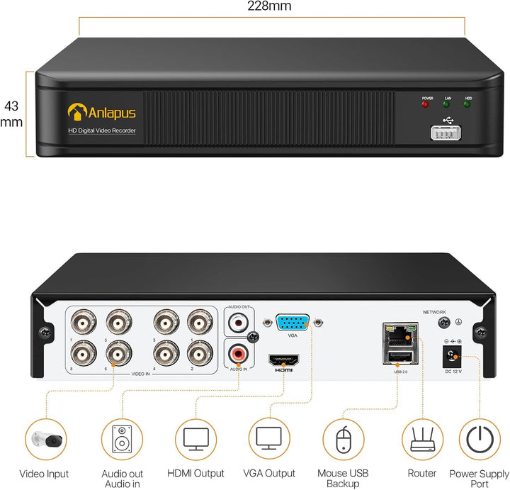 Anlapus 8 Kanal 1080P HD DVR Netzwerk Video Recorder Aufzeichnungsgerät mit 1TB Festplatte, Unterstü