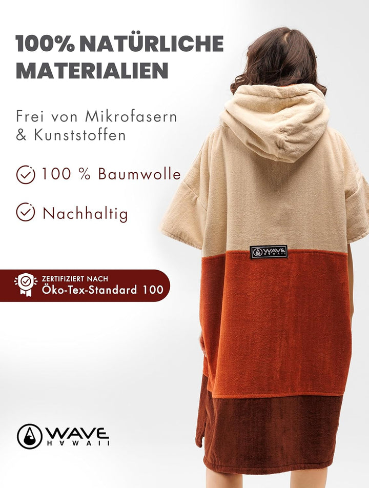 WAVE HAWAII Campeche Surfponcho für Körpergrössen von 155-185cm Poncho 100% ÖKO Baumwolle Umkleidehi