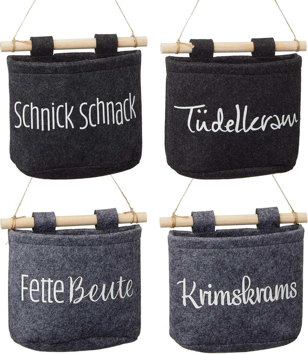 Aufbewahrungstasche 4er Set aus Filz│Hängekorb grau, anthrazit │Krimskrams, Fette Beute, Tüdelkram,