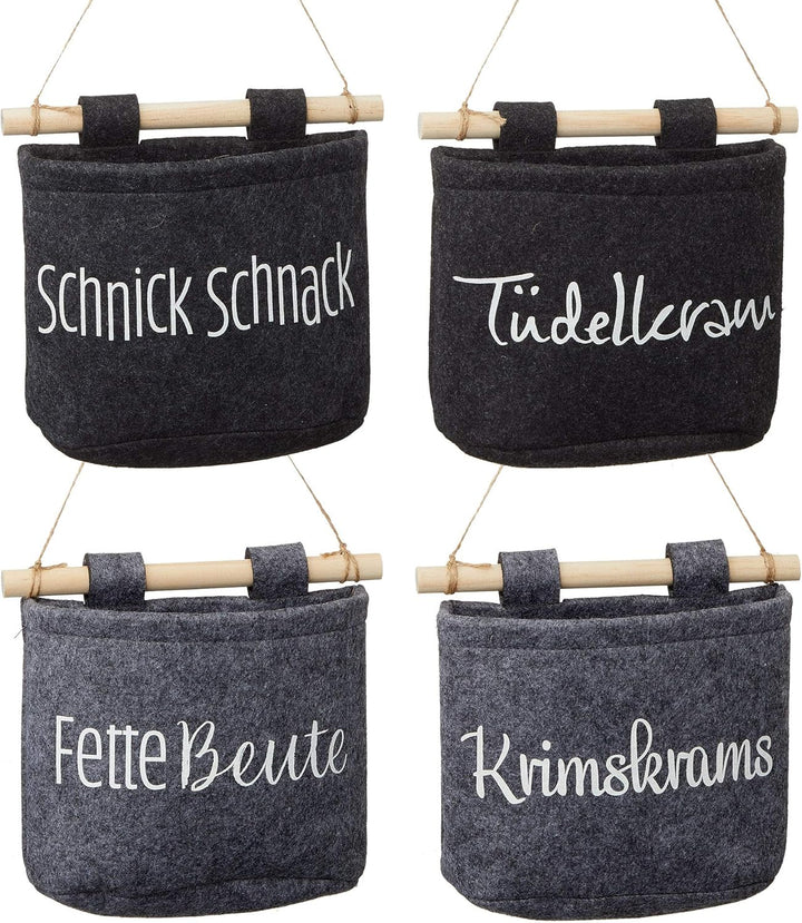 Aufbewahrungstasche 4er Set aus Filz│Hängekorb grau, anthrazit │Krimskrams, Fette Beute, Tüdelkram,