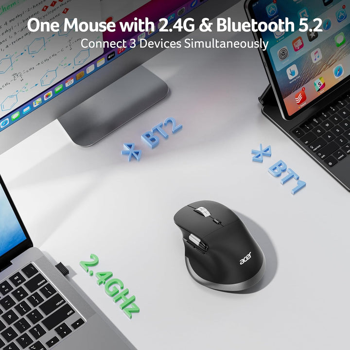 acer Dual-Mode Maus Kabellos mit Seitencrollrad (BT5.2+2,4G), 4800 DPI Bluetooth Maus mit 6 DPI-Stuf
