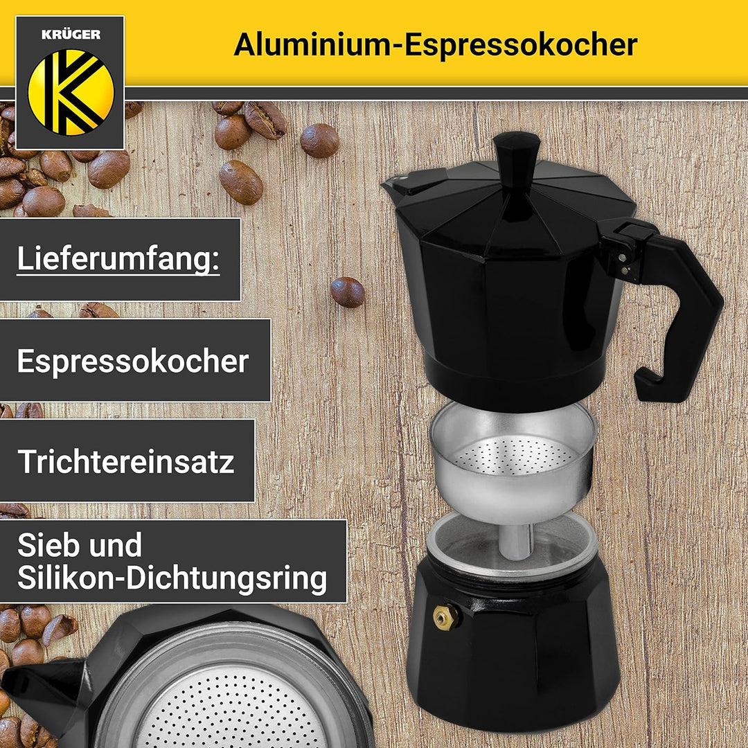 KRÜGER Aluminium-Espressokocher mit Silikon-Dichtring für 6 Tassen - schnelle und einfache Espresso-