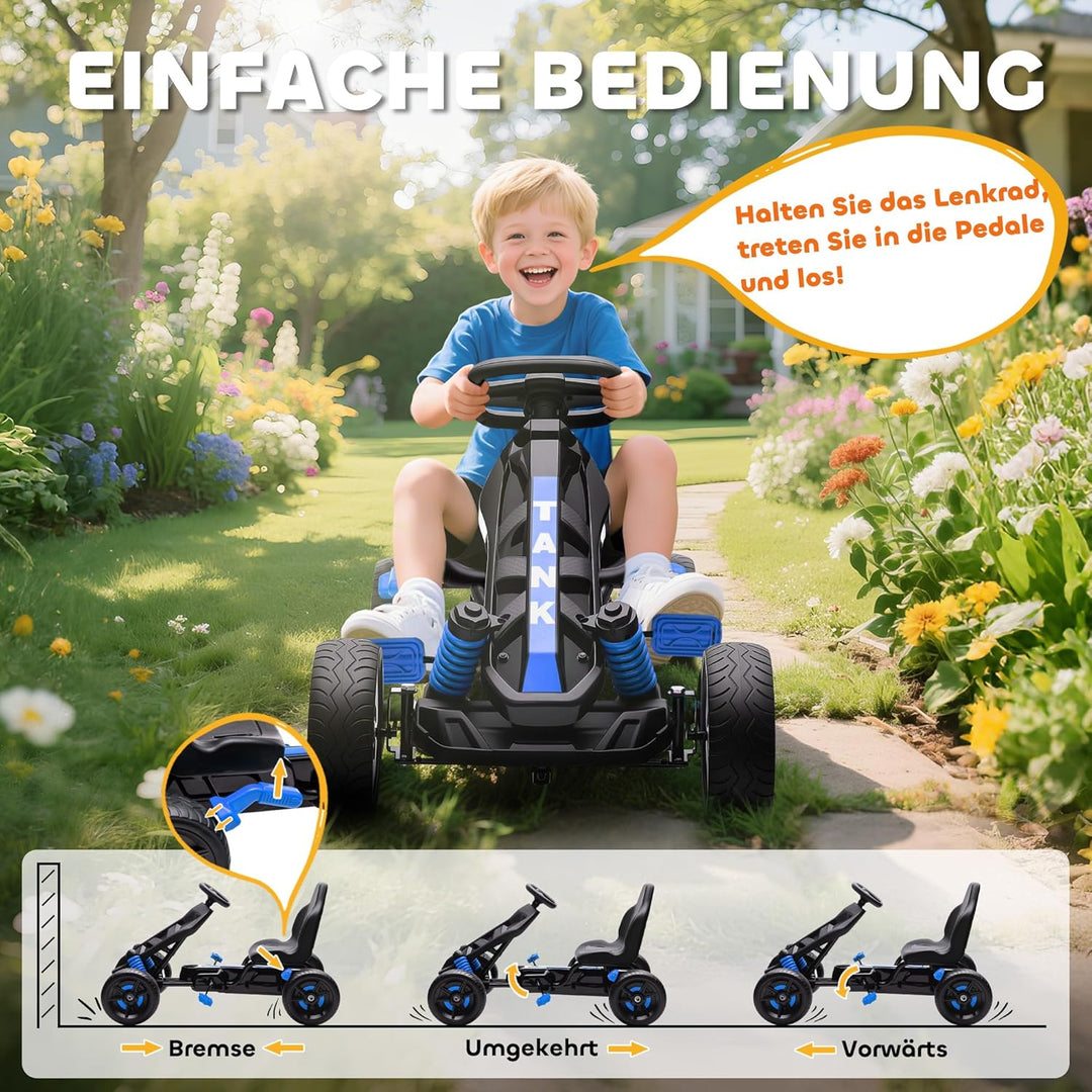 AIYAPLAY Gokart Tretauto mit Handbremse, Automatisches Kupplungssystem, Vor- und Rückwärtsgang, Tret