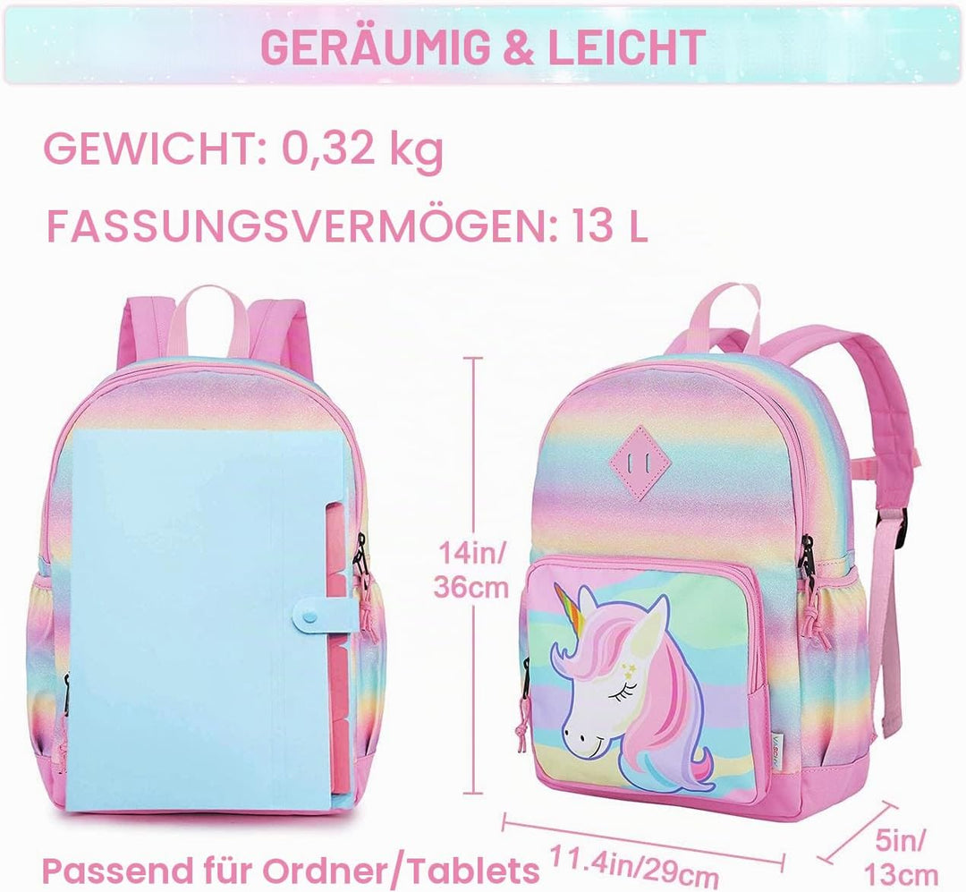 VASCHY Mädchen Schulrucksack 4-6 Jahre Schulrucksack mit Seitentaschen und Brustgurt 127-einhorn, 12