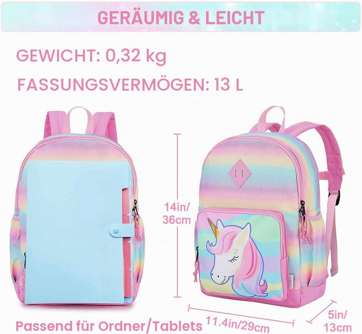 VASCHY Mädchen Schulrucksack 4-6 Jahre Schulrucksack mit Seitentaschen und Brustgurt 127-einhorn, 12