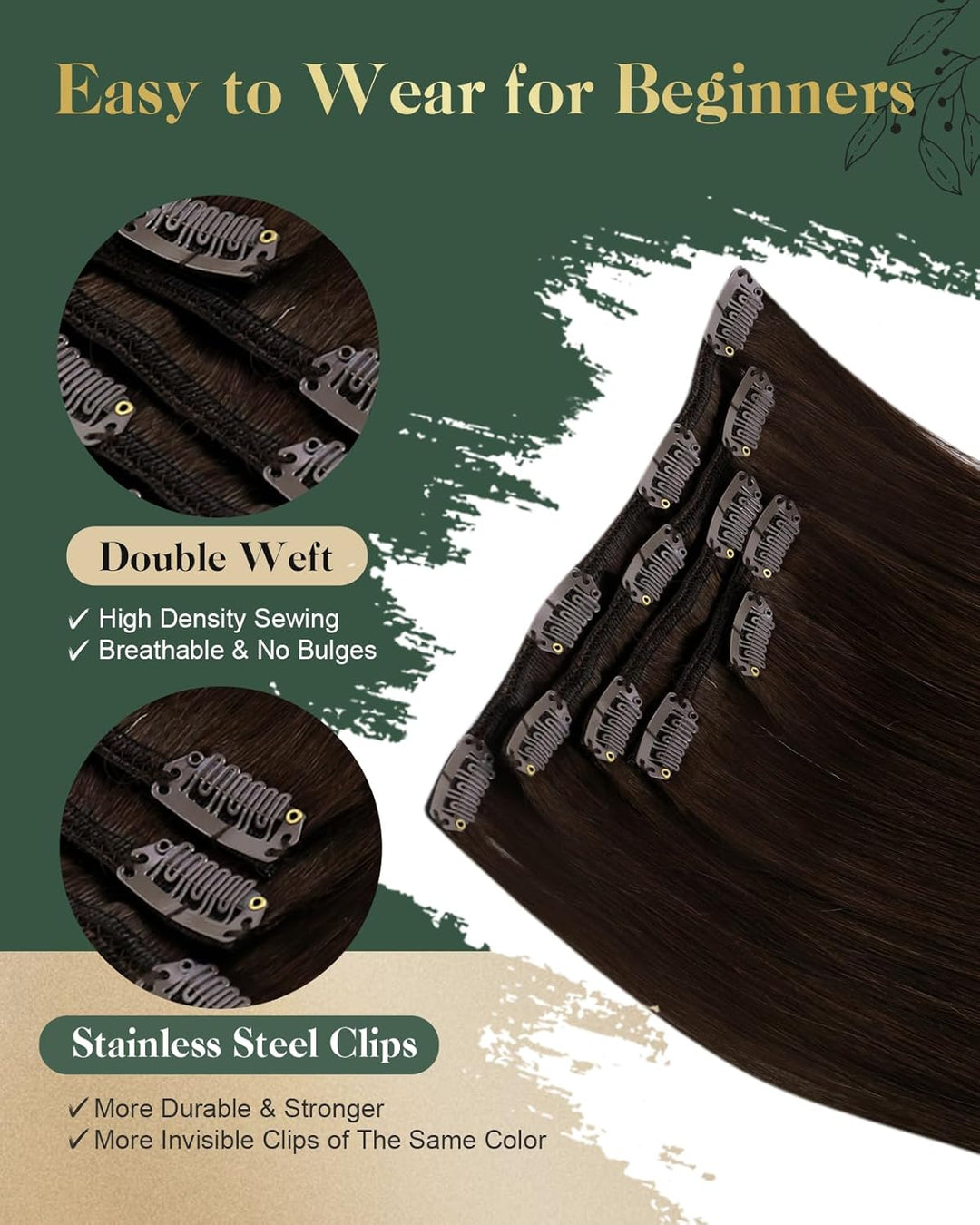 Ugeat Clip in Extensions Echthaar Dunkelbraun Haarverlängerung Echthaar Extensions Haare Natürlich E