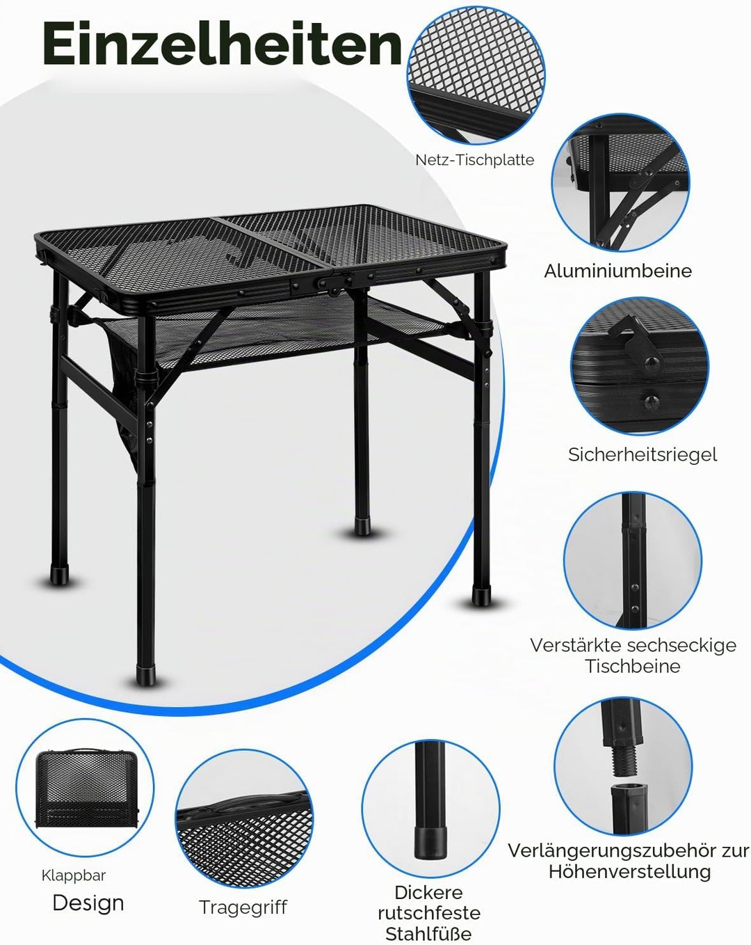 MSDADA Klappbarer Grilltisch, Höhenverstellbarer Aluminiumtisch mit Netz-Desktop und Netztasche, Tra
