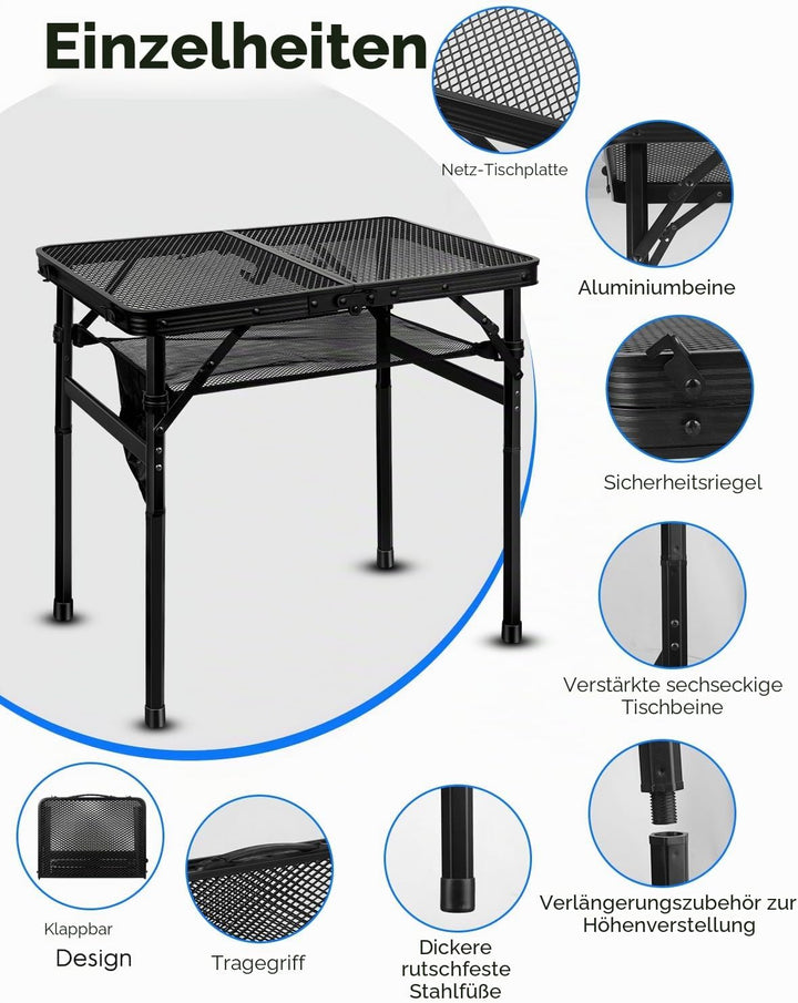 MSDADA Klappbarer Grilltisch, Höhenverstellbarer Aluminiumtisch mit Netz-Desktop und Netztasche, Tra