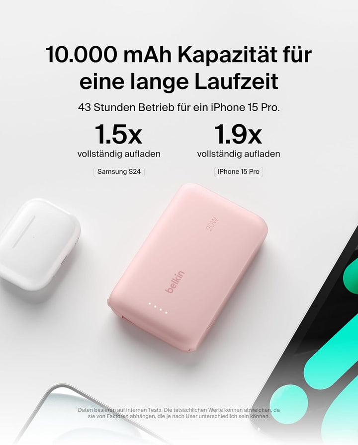 Belkin BoostCharge Power Bank, Portable Powerbank 10000mAh mit integriertem Kabel, PD 20 W – USB-C P