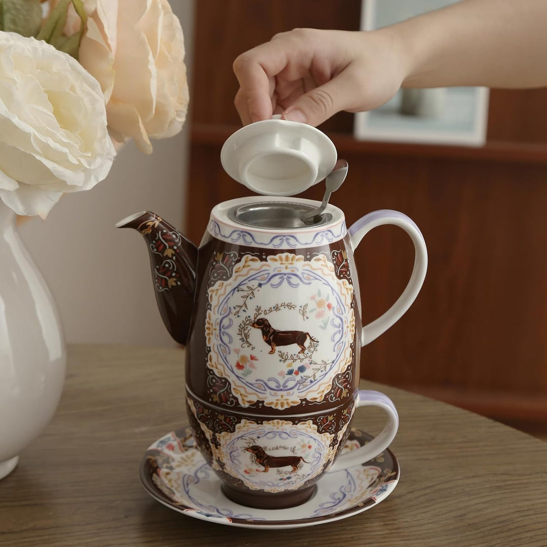 London Pottery Teekannen-Set aus Knochenporzellan, Teekanne und Servierset für einen, Tiermuster, Te