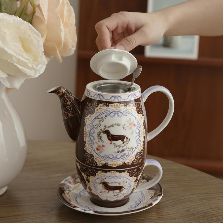 London Pottery Teekannen-Set aus Knochenporzellan, Teekanne und Servierset für einen, Tiermuster, Te