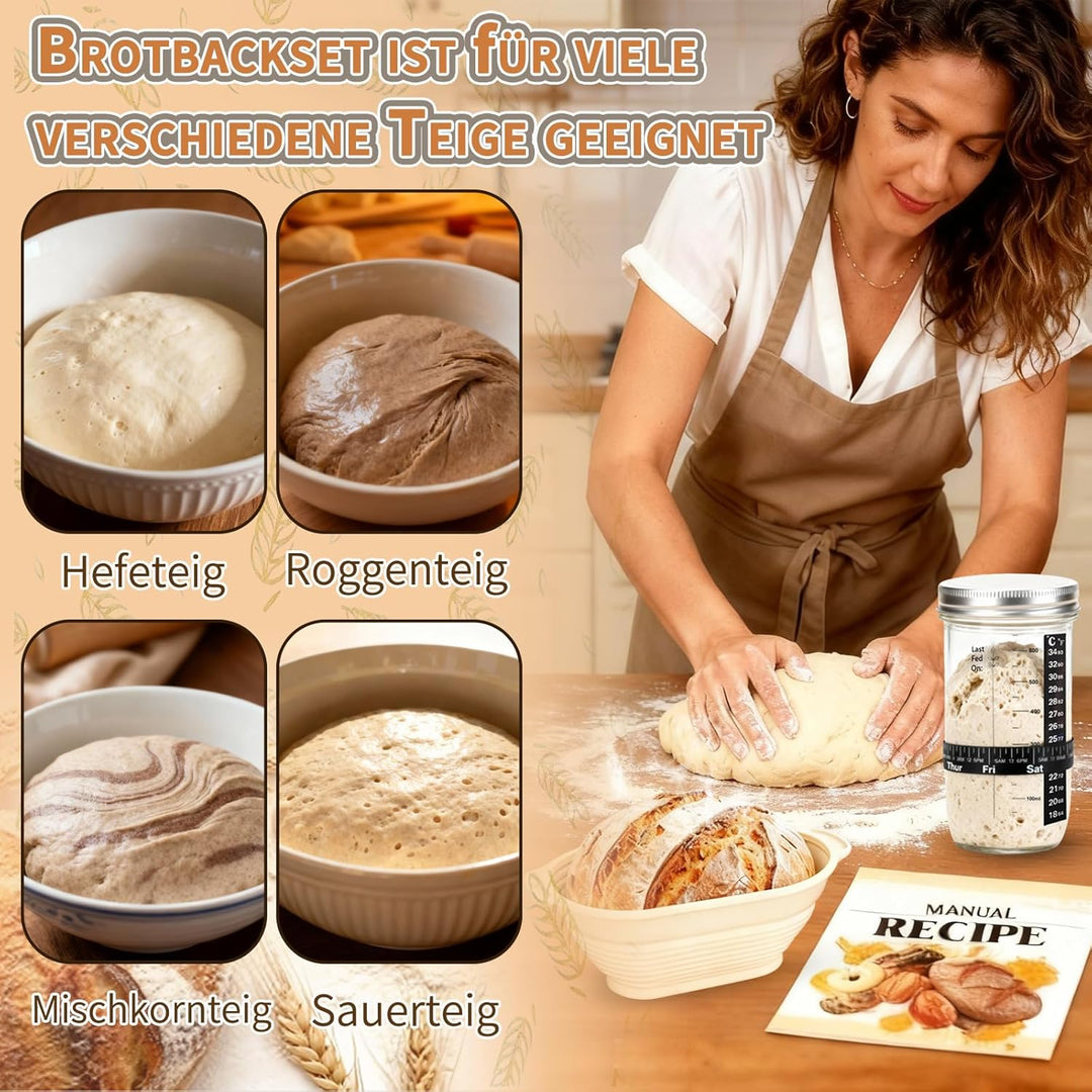 Daity Sauerteig Starter Set, 11-teilig Brot Backen Zubehör,28cm Klappbare Brot Gärkorb Oval,Handgeba
