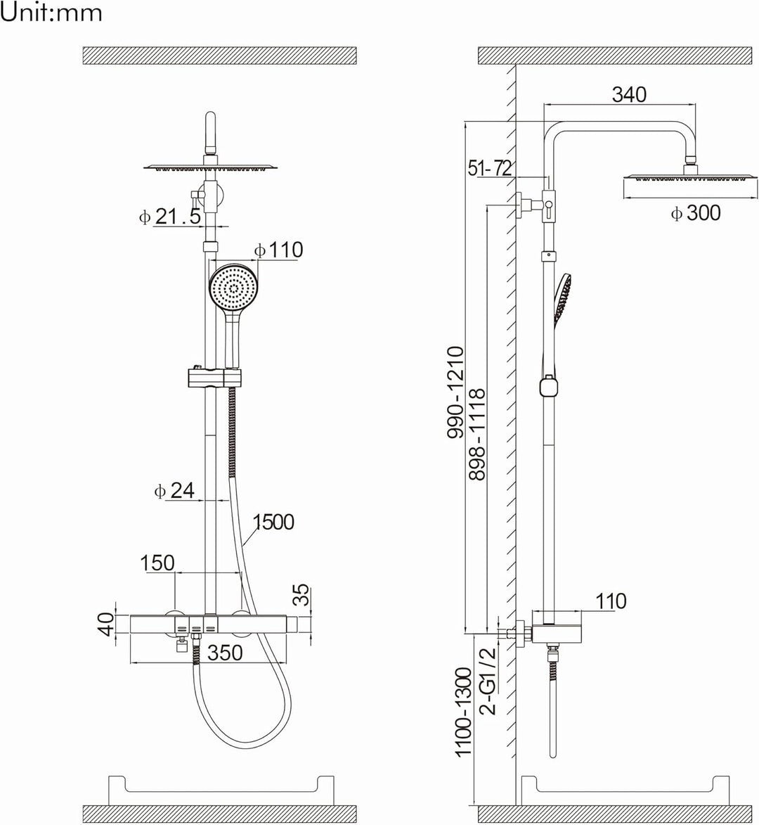 HOMELODY Duschsystem mit Thermostat und Glasablage, Duscharmatur Komplettset mit 30cm Kopfbrause, Hö