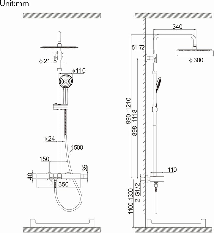 HOMELODY Duschsystem mit Thermostat und Glasablage, Duscharmatur Komplettset mit 30cm Kopfbrause, Hö
