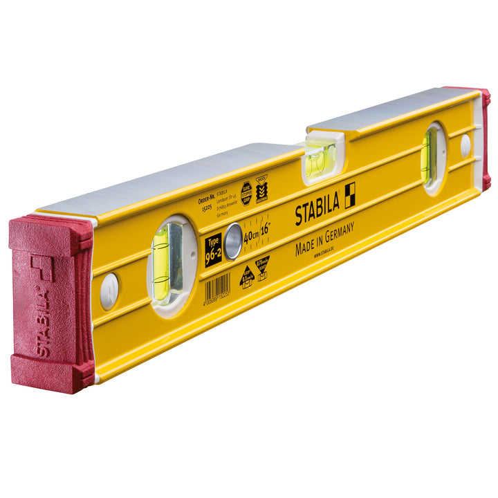 STABILA Wasserwaage Type 96-2, 40 cm, extrasteifes Alu-Profil, 1 Horizontal-Libelle, 2 Vertikal-Libe