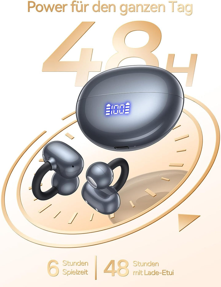 CAPOXO Clip-On Open-Ear Bluetooth Kopfhörer – 4,8g Ultraleicht, 48h Akku, LED Anzeige, Bluetooth 5.4