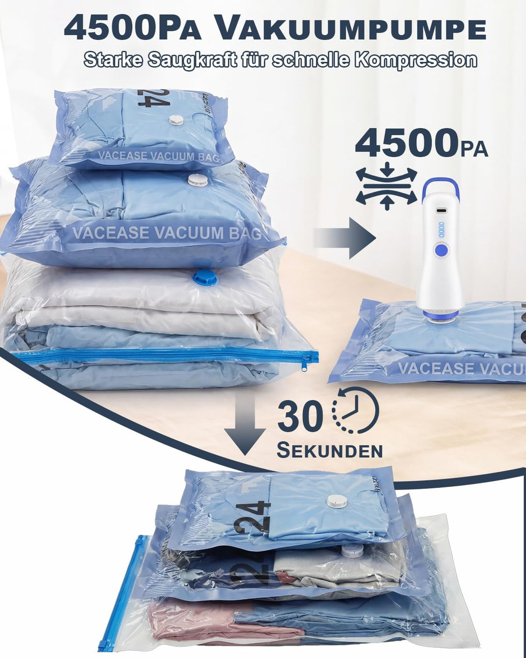Vakuumbeutel für Kleidung mit Elektrischer Pumpe, 12er-Set Vakuumbeutel (4 * 100x80cm, 4 * 74x54cm,