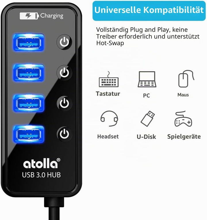 Atolla USB 3.0 Hub mit Strom versorgt, USB Hub mit 4 Ports Steckdosenleiste mit individuellen EIN-/A