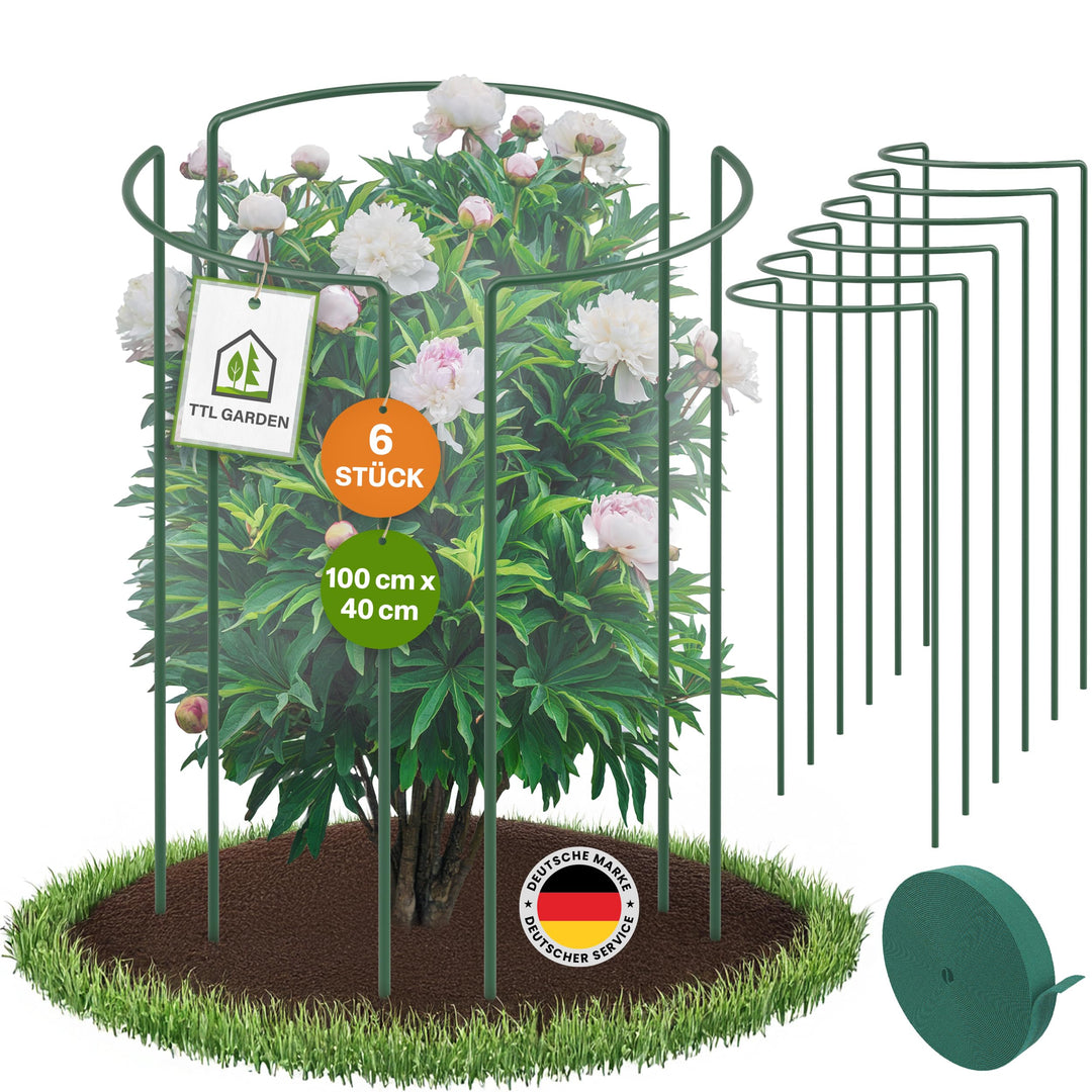 TTL GARDEN Strauchstützen 100cm x 40cm 6er Set + Klettband - Pflanzenstütze Stahl rostfrei Kunststof