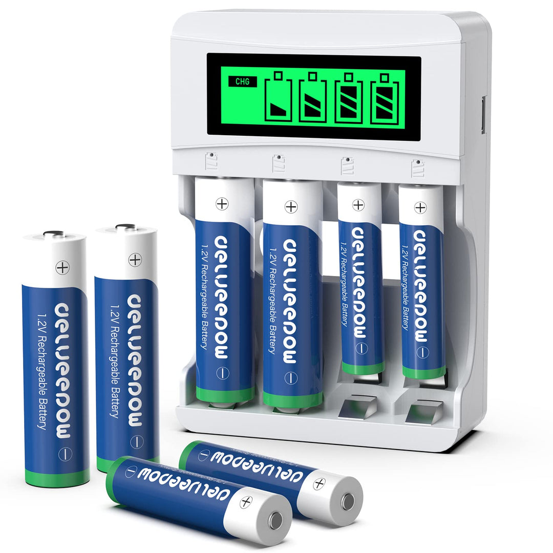 Delyeepow Akku Ladegerät, mit 4 Stück AA Akkus+ 4 Stück AAA Akkus Wiederaufladbar, NiMH 1.2V, 4-Lade