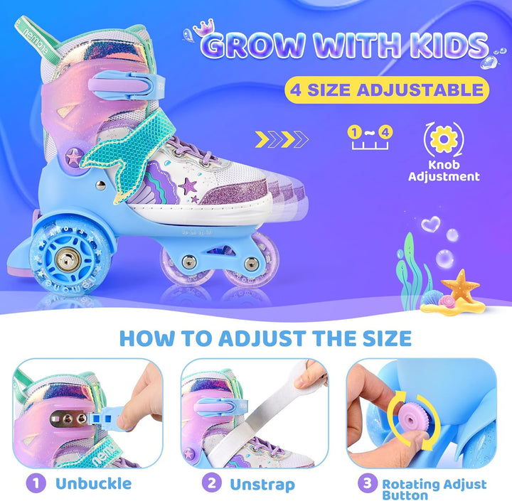 NEMONE Rollschuhe für Mädchen Kinder 4 Grössen Verstellbar Blau Violett Rollschuhe für Kinder Drinne