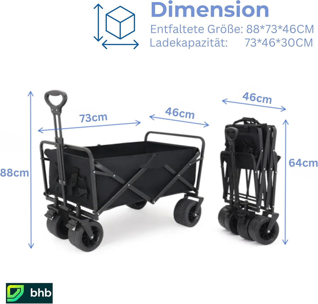 Bollerwagen Faltbar 100L 120kg, Klappbarer Handwagen, Geländegängig, Trolley für Garten Einkauf Camp