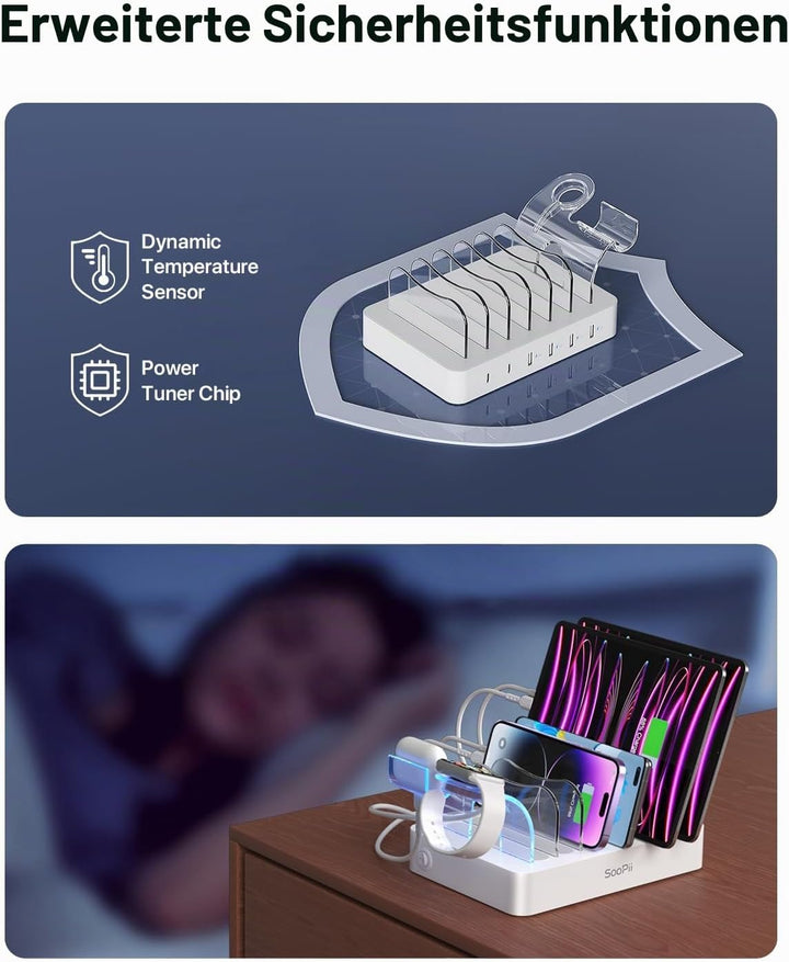 SooPii USB-Ladestation Organizer für mehrere Geräte, 6 Ports 50W Ladestation mit 6 Kabeln und aktual