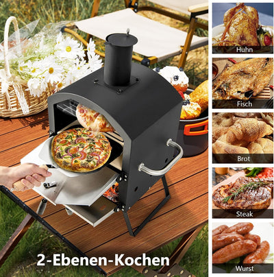 GYMAX Tragbarer Pizzaofen, Pizzabäcker mit klappbaren Beinen & Griffen, holzbefeuerter Pizzagrill mi