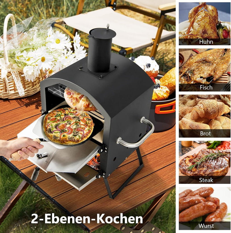 GYMAX Tragbarer Pizzaofen, Pizzabäcker mit klappbaren Beinen & Griffen, holzbefeuerter Pizzagrill mi