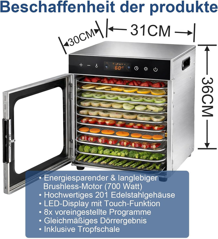 Trintion Edelstahl Dörrautomat 700W – Dörrgerät mit Edelstahlgitter, 30°-85°C, 6700 cm² Dörrfläche –