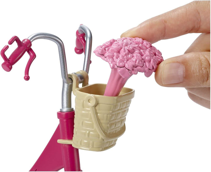 Barbie-Fahrrad, Fahrrad mit Blumenkorb, bewegliche Räder, rosa Fahrrad Puppe, Puppe, Geschenk für Ki