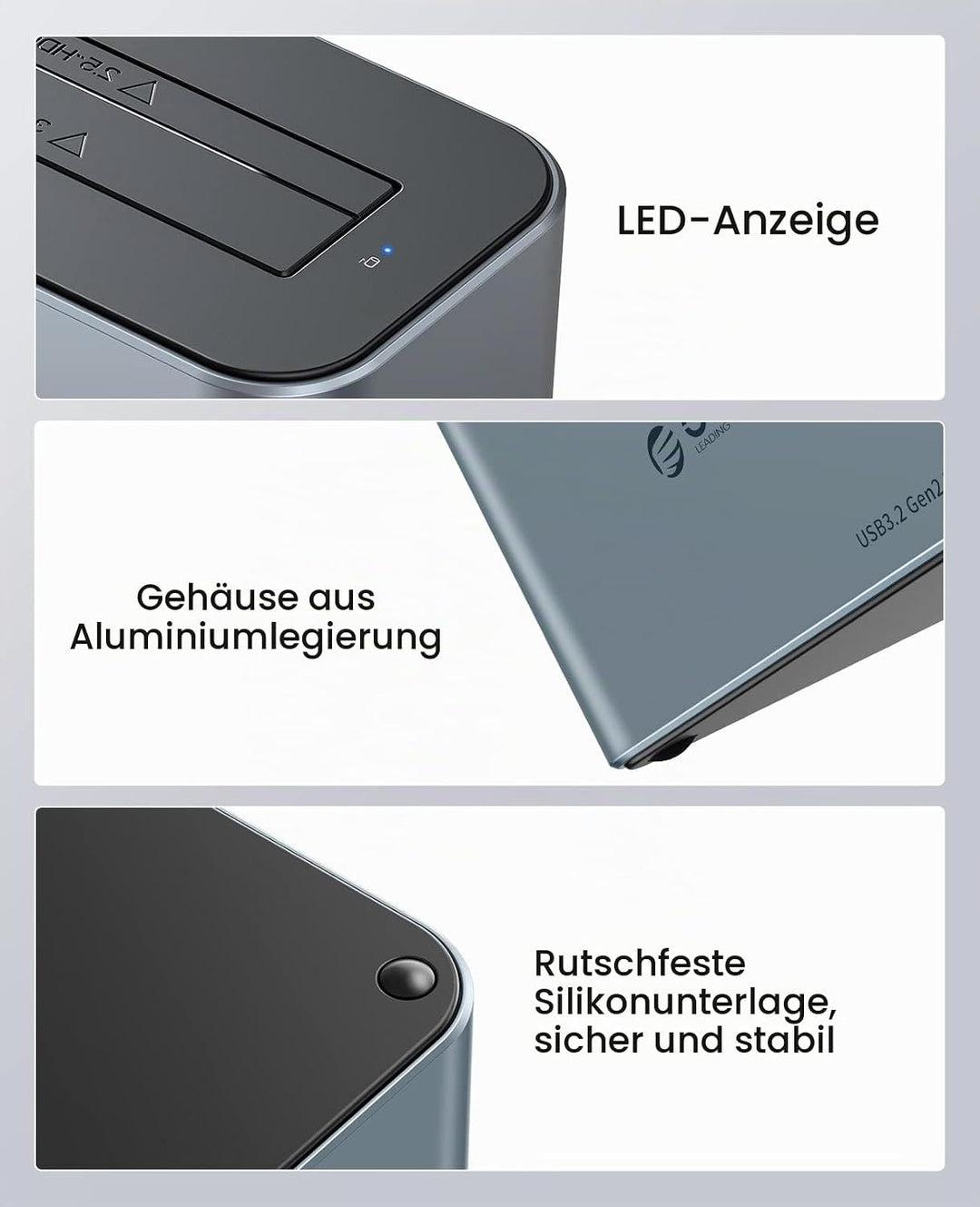 ORICO Aluminium Festplatten Dockingstation, 6Gbps USB 3.2 Gen 2 SSD/HDD Docking Station für SATA 2,5